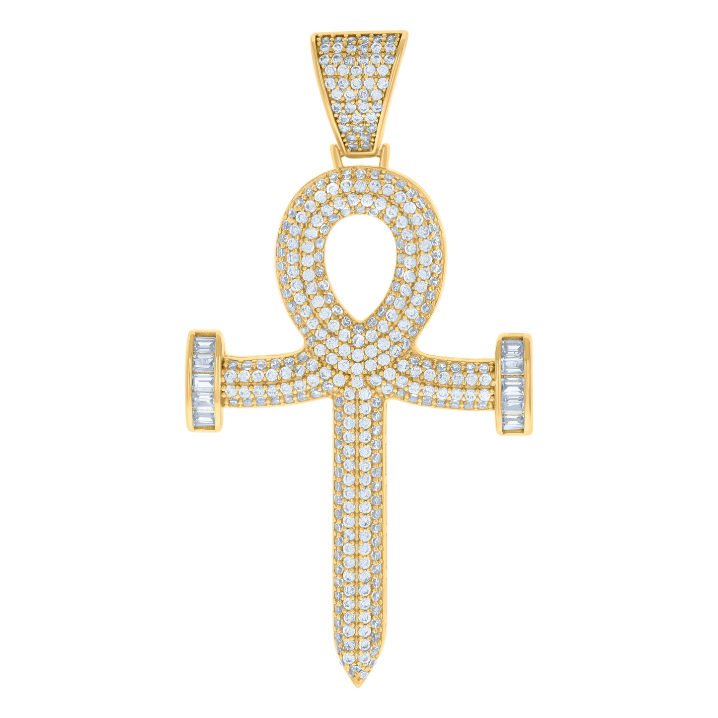 Sterling Silver Mens Baguette Round Cubic-Zirconia Egyptian Ankh Cross Religious Charm Pendant