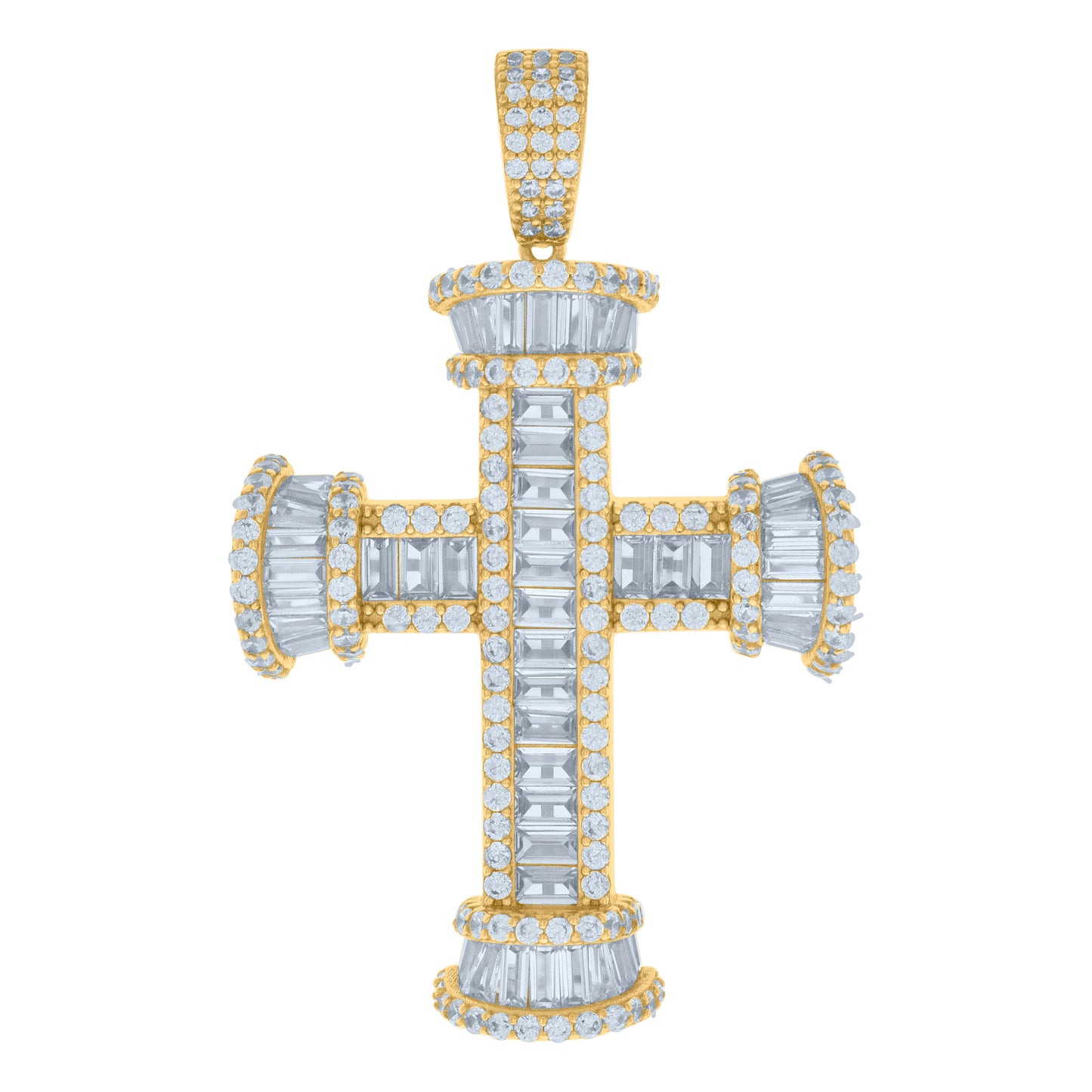 Sterling Silver Mens Baguette Round Cubic-Zirconia Cross Religious Charm Pendant