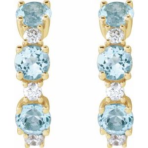 14K Yellow Gold Round 3 Mm Natural Blue Topaz And 1/10 Ctw Natural Diamond Hoop Earrings