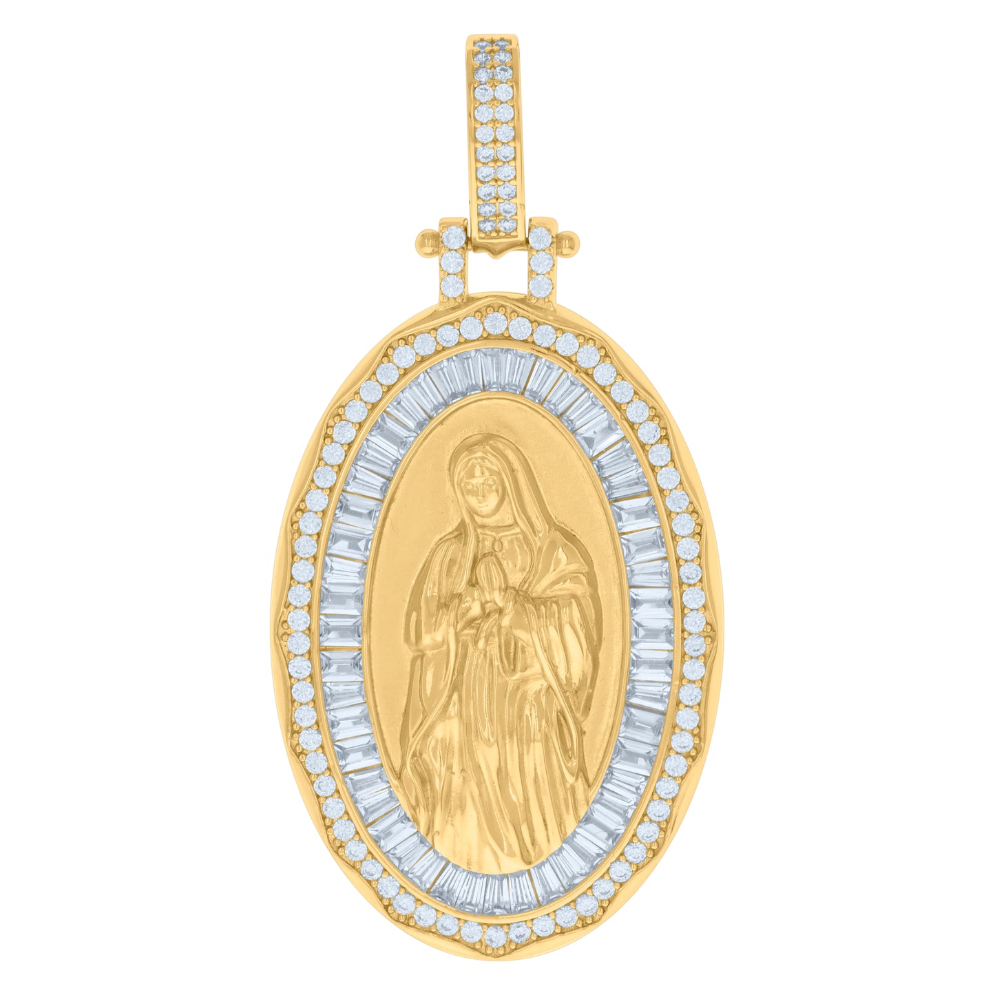 Sterling Silver Mens Baguette Round Cubic-Zirconia Guadalupe Religious Charm Pendant