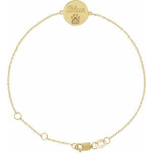14K Yellow Gold Round 1 Mm Natural White Sapphire Engravable Paw Print Bracelet, Length: 7.5 In