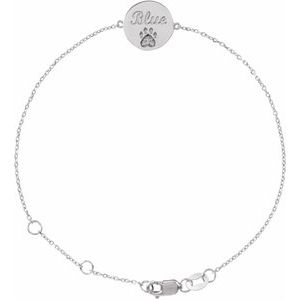 Sterling Silver Round 1 Mm Natural White Sapphire Engravable Paw Print Bracelet, Length: 7.5 In