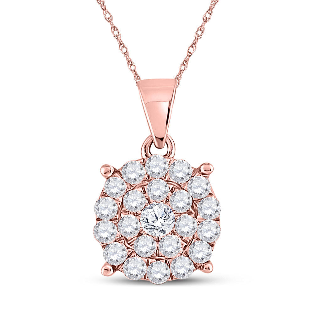 10K Rose Gold Womens Round Diamond Cluster Pendant 1 Cttw, Length: 0.78 In, Width: 0.44 In
