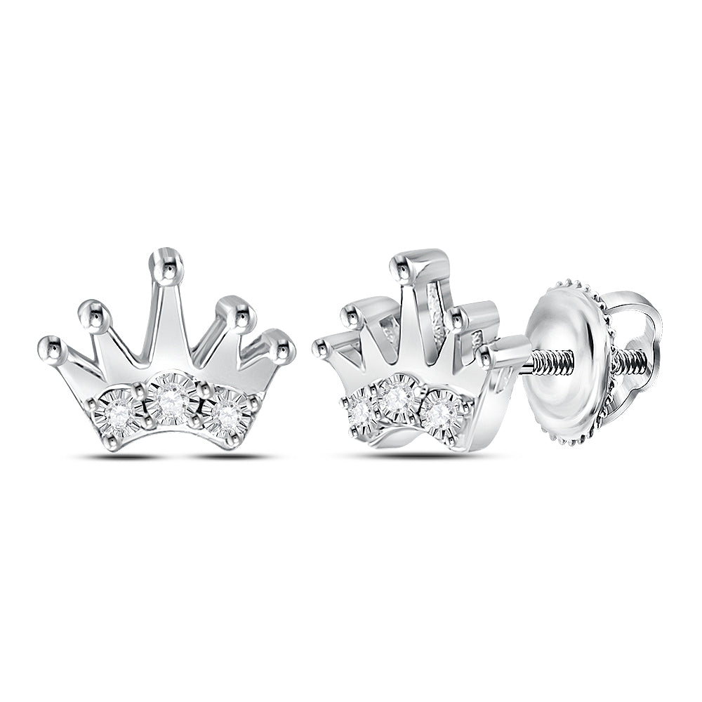 Sterling Silver Womens Round Diamond Crown Fashion Earrings 1/20 Cttw, Length: 0.28 In, Width: 0.35 In
