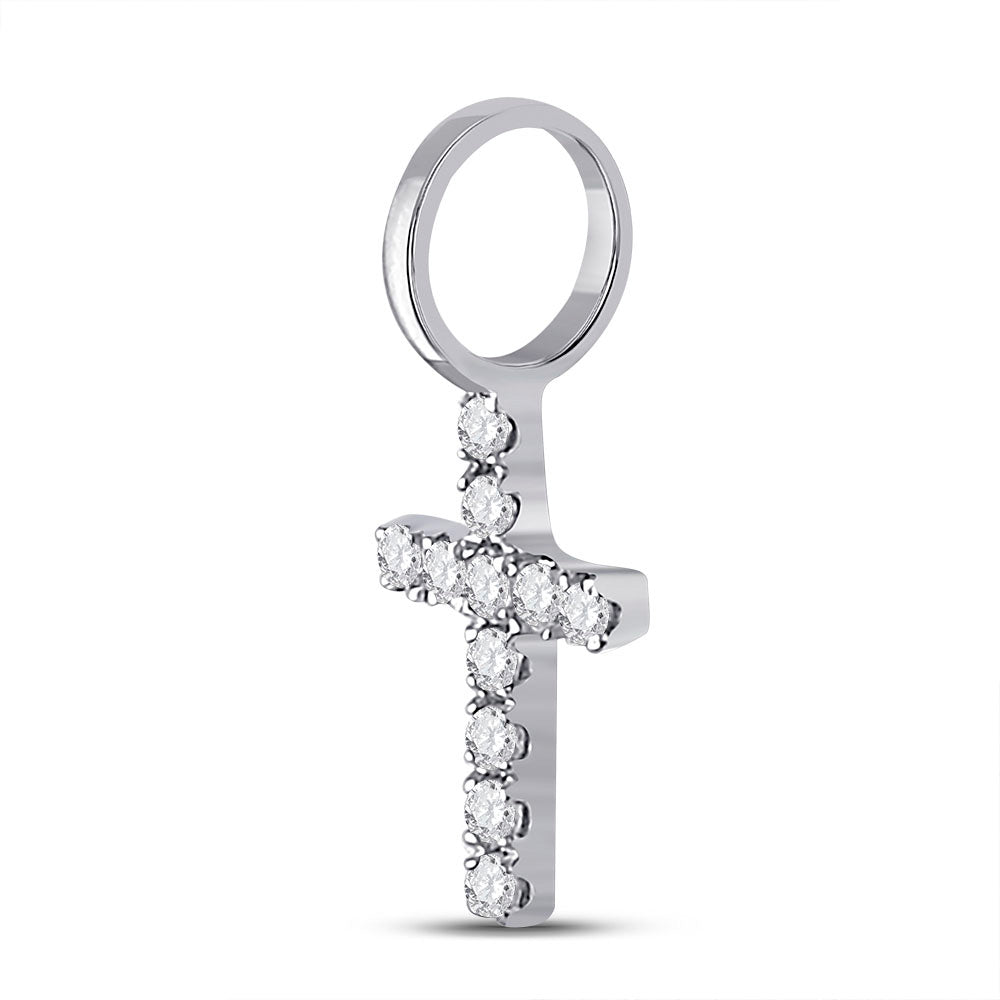 14K White Gold Womens Round Diamond Dainty Cross Pendant 1/10 Cttw