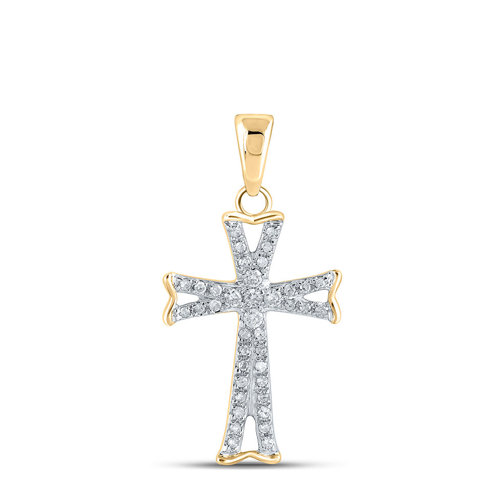 14K Yellow Gold Womens Round Diamond Flared Cross Pendant 1/8 Cttw
