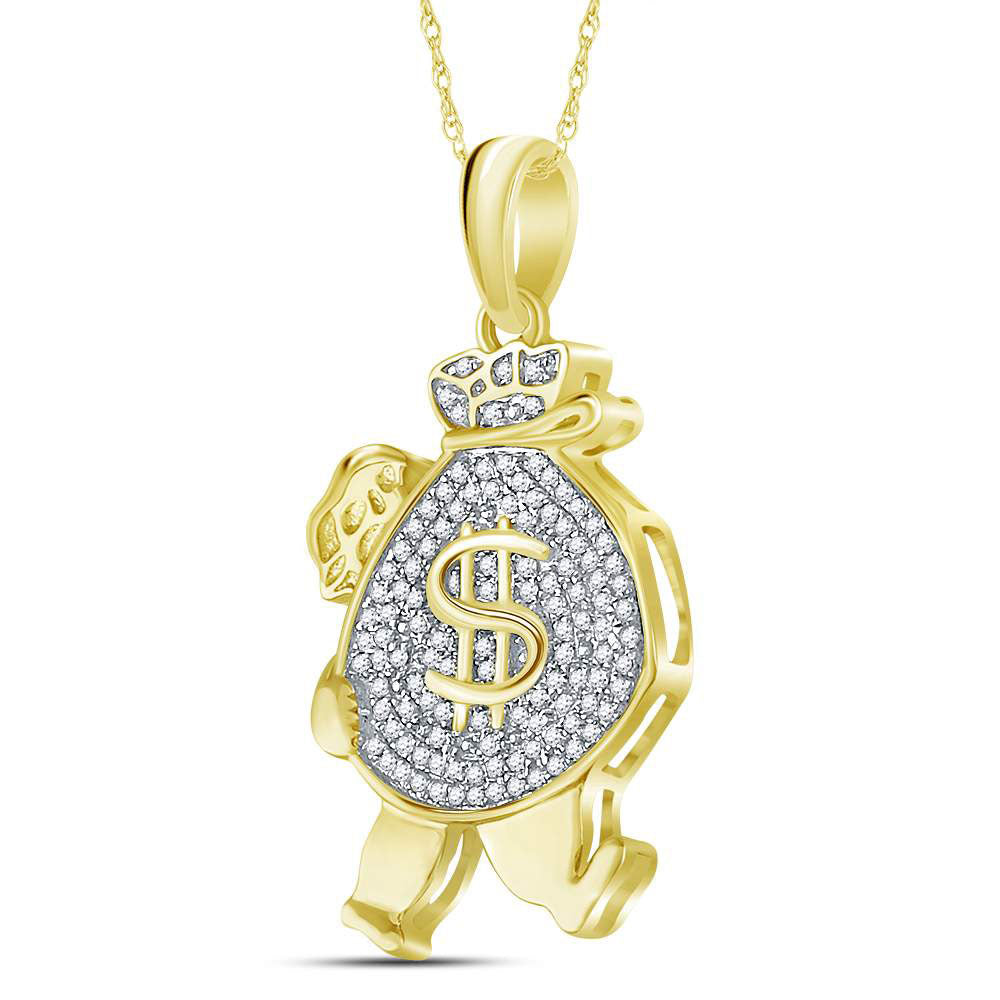 10K Yellow Gold Mens Round Diamond Money Bag Man Charm Pendant 1/4 Cttw, Length: 1.14 In, Width: 0.59 In
