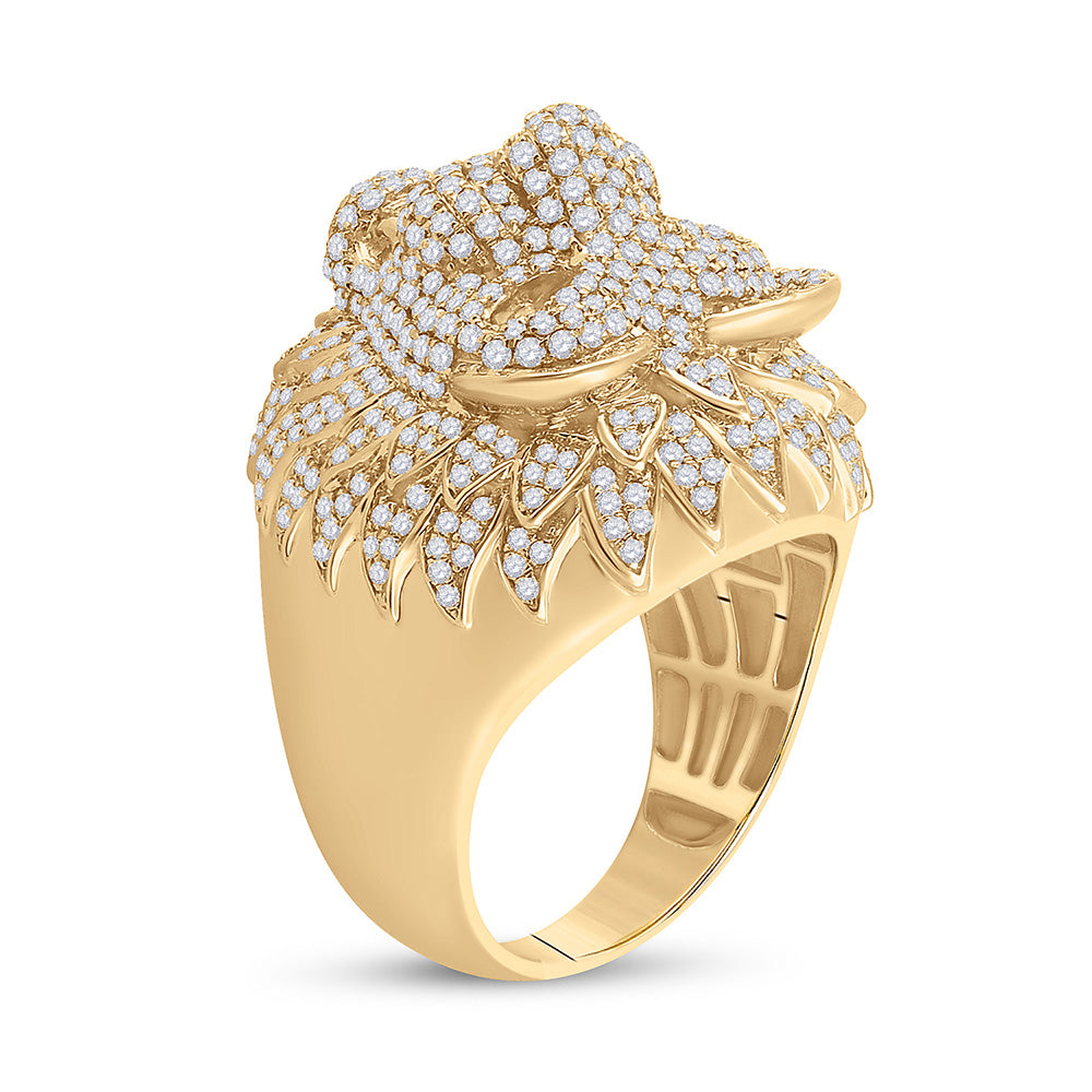 14K Yellow Gold Mens Round Diamond Lion Head Animal Ring 2-3/4 Cttw, Mens Size: 7-13