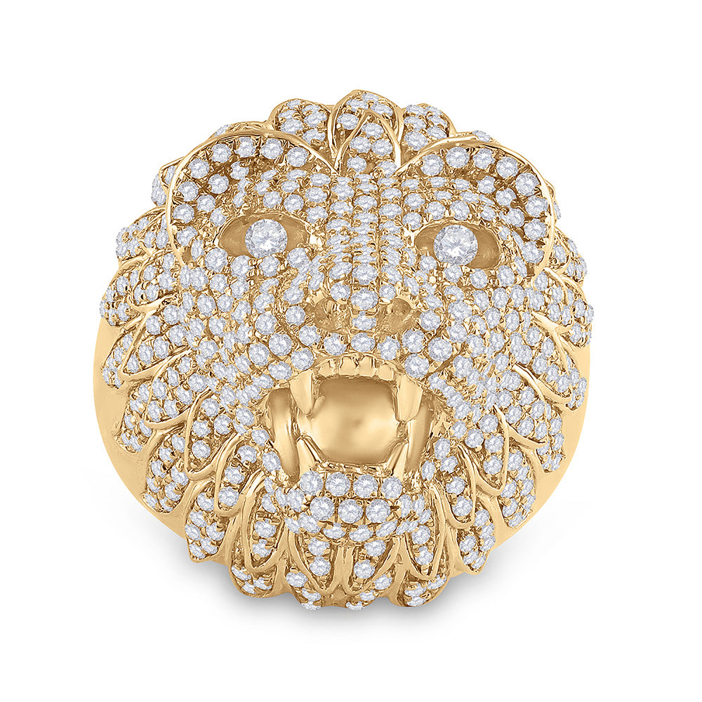 14K Yellow Gold Mens Round Diamond Lion Head Animal Ring 2-3/4 Cttw, Mens Size: 7-13