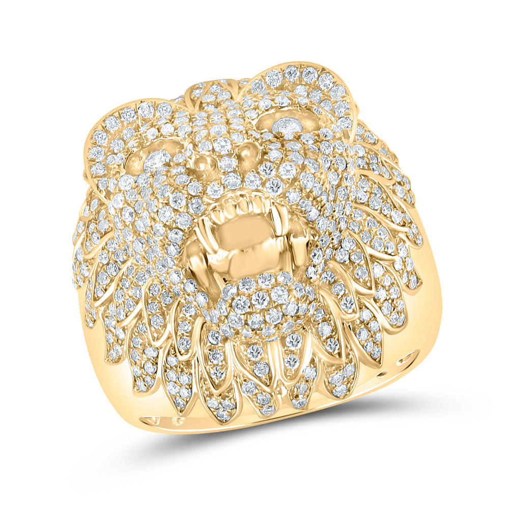 14K Yellow Gold Mens Round Diamond Lion Head Animal Ring 2-3/4 Cttw, Mens Size: 7-13
