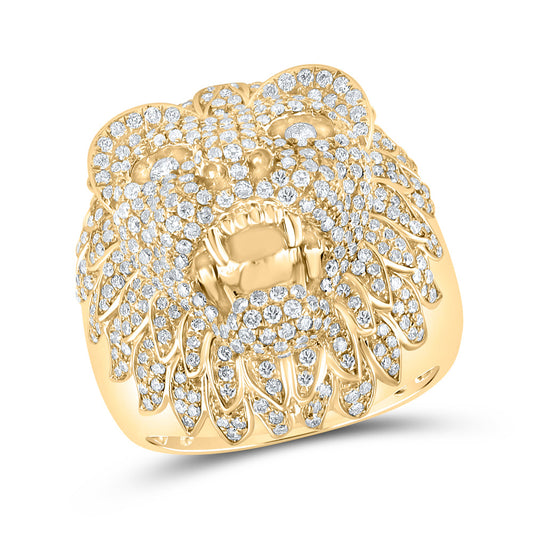 14K Yellow Gold Mens Round Diamond Lion Head Animal Ring 2-3/4 Cttw, Mens Size: 7-13