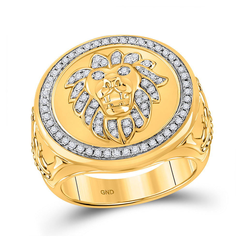 10K Yellow Gold Mens Round Diamond Lion Circle Ring 5/8 Cttw, Mens Size: 7-13