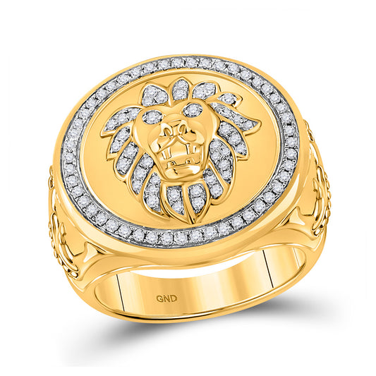 10K Yellow Gold Mens Round Diamond Lion Circle Ring 5/8 Cttw, Mens Size: 7-13