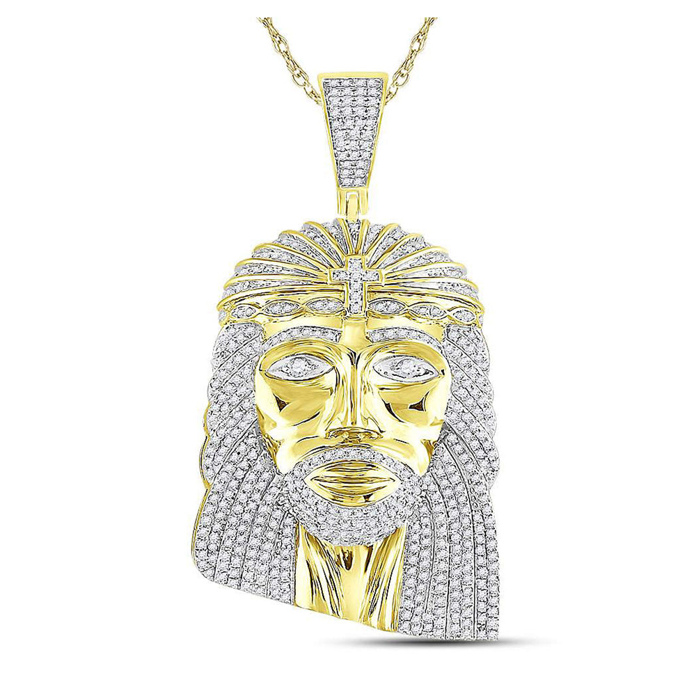 10K Yellow Gold Mens Round Diamond Jesus Face Charm Pendant 1-1/4 Cttw