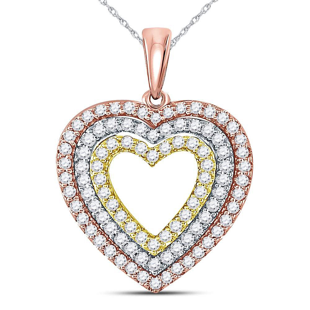 10K Tri-Tone Gold Womens Round Diamond Heart Pendant 1/2 Cttw, Length: 0.82 In, Width: 0.66 In