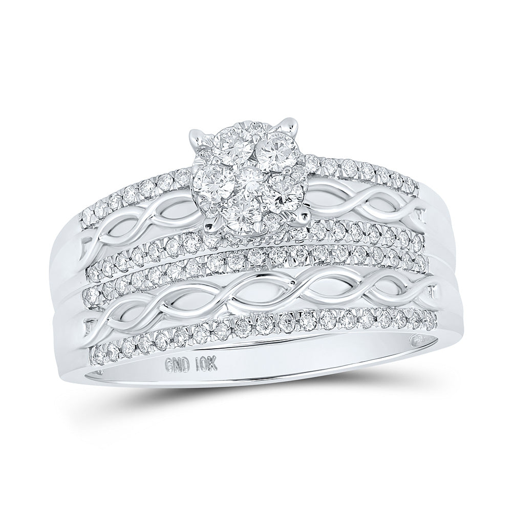 10K Yellow Or White Or Rose Gold His Hers Round Diamond Cluster Matching Wedding Set , Womens Size: 5-10, Mens Size: 7-13