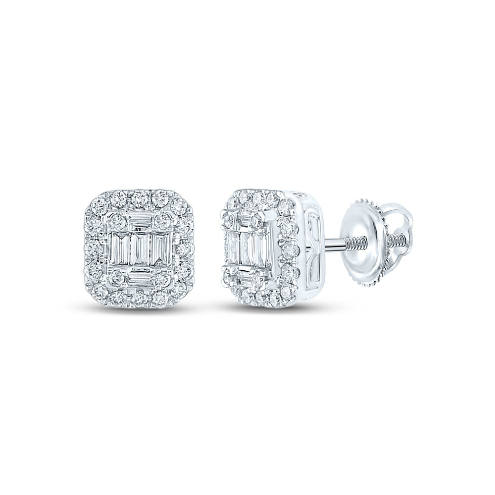 14K White Gold Womens Baguette Diamond Square Cluster Earrings 1/2 Cttw