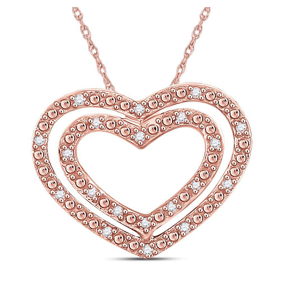10K Rose Gold Womens Round Diamond Double Heart Pendant 1/12 Cttw