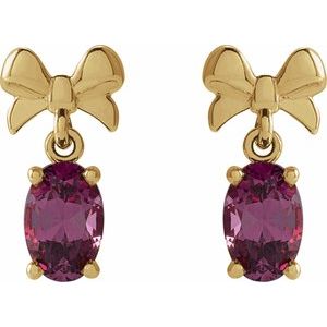 14K Yellow Gold Oval 6 X 4 Mm Natural Rhodolite Garnet Bow Earrings