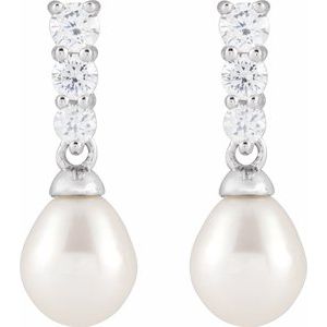 Rhodium-Plated Sterling Silver Pearl 7.0-8.0 Mm Cultured Freshwater Pearl And Imitation Cz Dangle Earrings