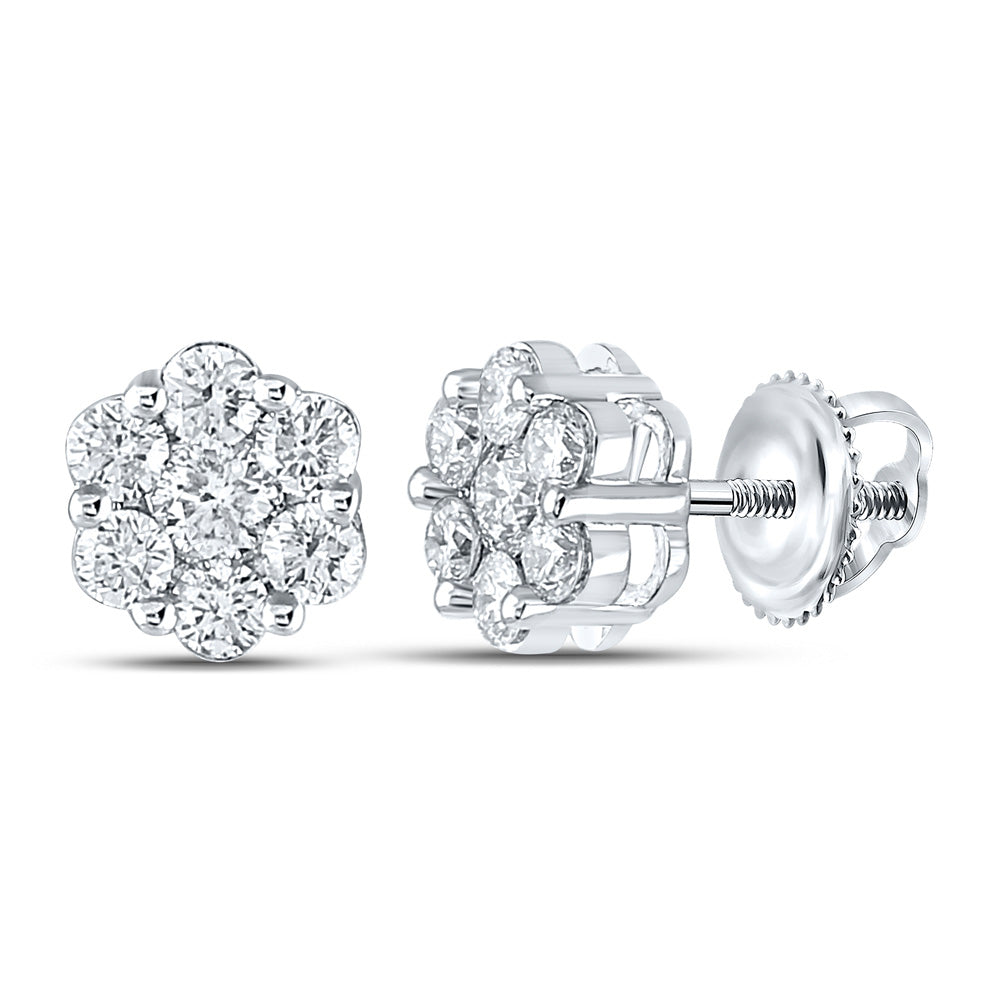 14K White Gold Womens Round Diamond Flower Cluster Earrings 7/8 Cttw
