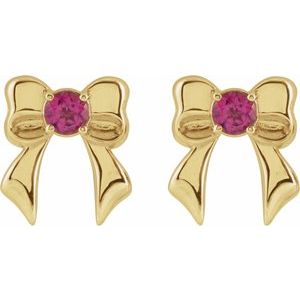 14K Yellow Gold Round Shape 3 Mm Natural Pink Tourmaline Bow 4-Prong Stud Earrings
