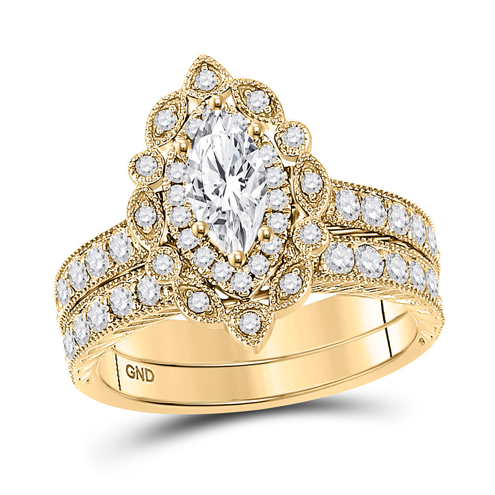 14K Yellow Gold Marquise Diamond Halo Bridal Wedding Ring Band Set 2 Cttw, Womens Size: 5-10