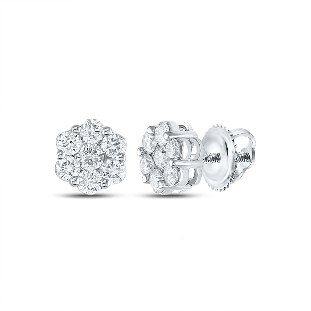 14K White Gold Womens Round Diamond Flower Cluster Earrings 1-1/2 Cttw
