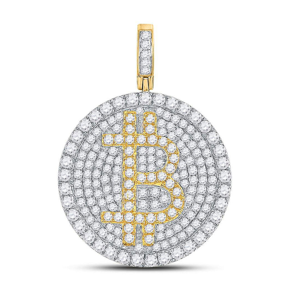 10K Yellow Gold Mens Round Diamond Bitcoin Circle Charm Pendant 2-1/2 Cttw