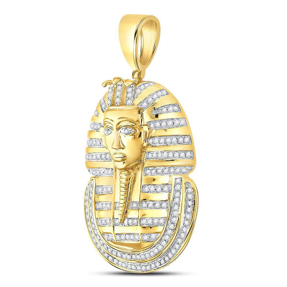 10K Yellow Gold Mens Round Diamond Pharaoh Face Charm Pendant 5/8 Cttw, Length: 1.75 In, Width: 1 In