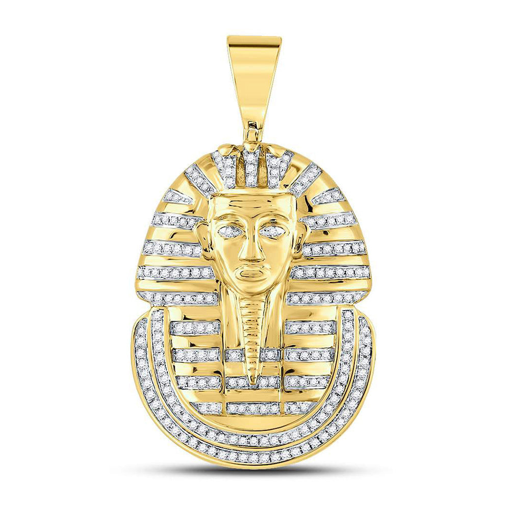 10K Yellow Gold Mens Round Diamond Pharaoh Face Charm Pendant 5/8 Cttw, Length: 1.75 In, Width: 1 In