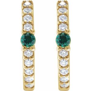 14K Yellow Gold Pair Round Shape 2Mm I1, Gh Natural Emerald And 1/8 Ctw Natural Diamond Huggie Earrings, Length: 13.6 Mm, Thickness: 2 Mm