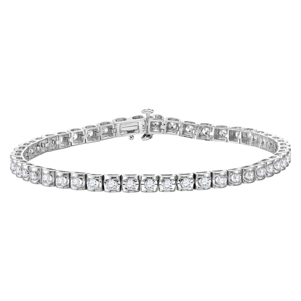 14K White Gold Womens Round Diamond Studded Tennis Bracelet 2 Cttw
