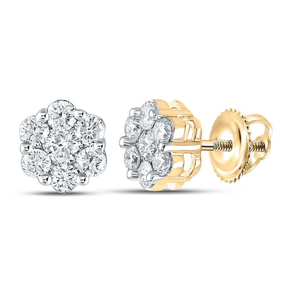 14K Yellow Gold Womens Round Diamond Flower Cluster Earrings 7/8 Cttw