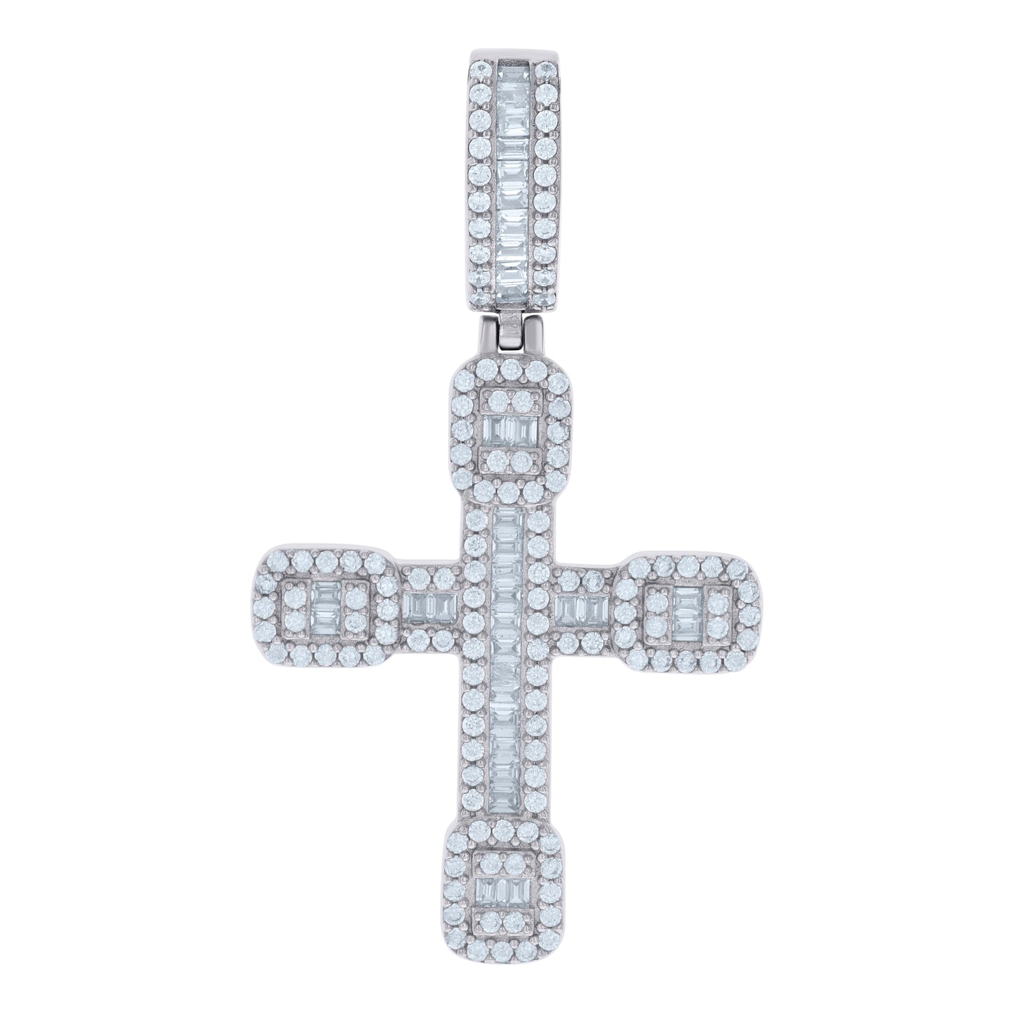Sterling Silver Mens Baguette Round Cubic-Zirconia Cross Religious Charm Pendant