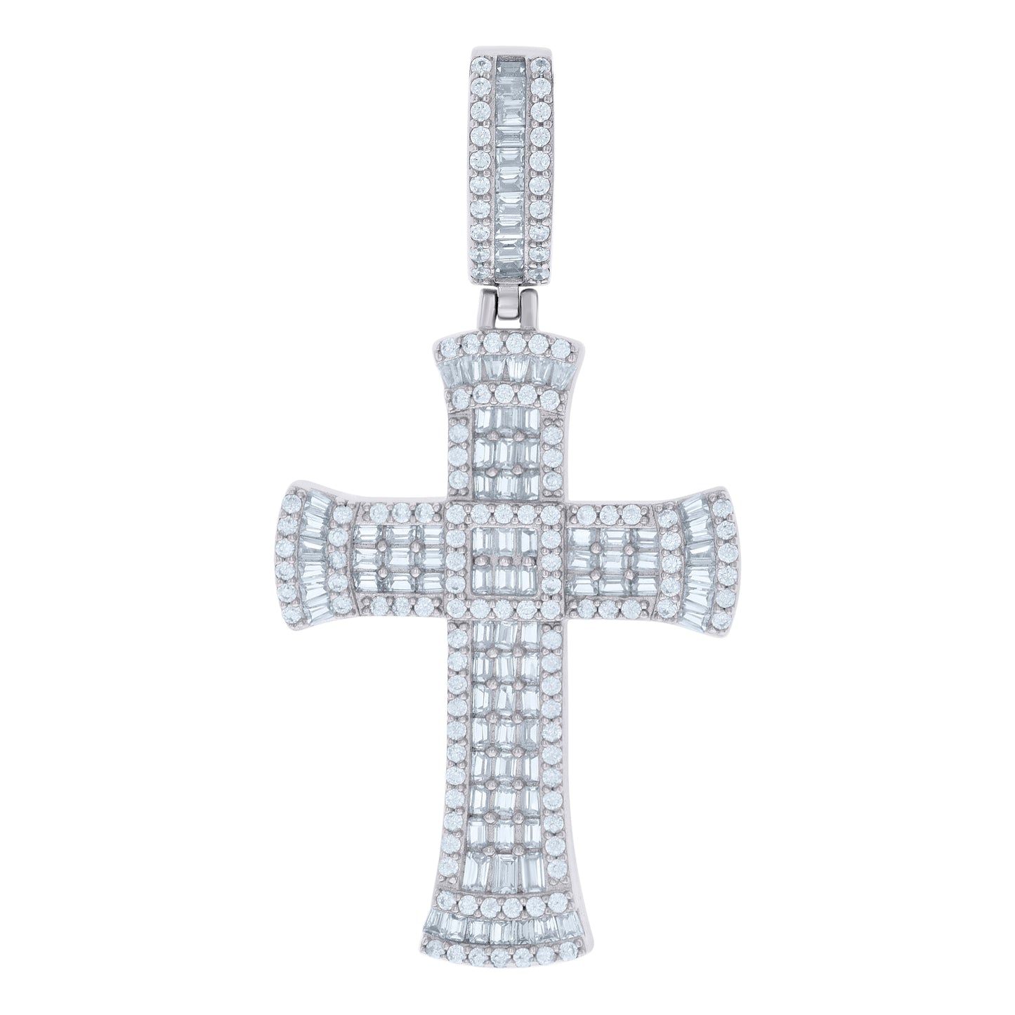 Sterling Silver Mens Baguette Round Cubic-Zirconia Cross Religious Charm Pendant
