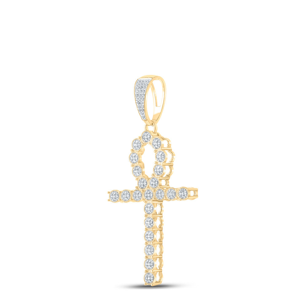10K Yellow Gold Mens Round Diamond Ankh Cross Charm Pendant 5/8 Cttw, Length: 2.51 In, Width: 1.2 In