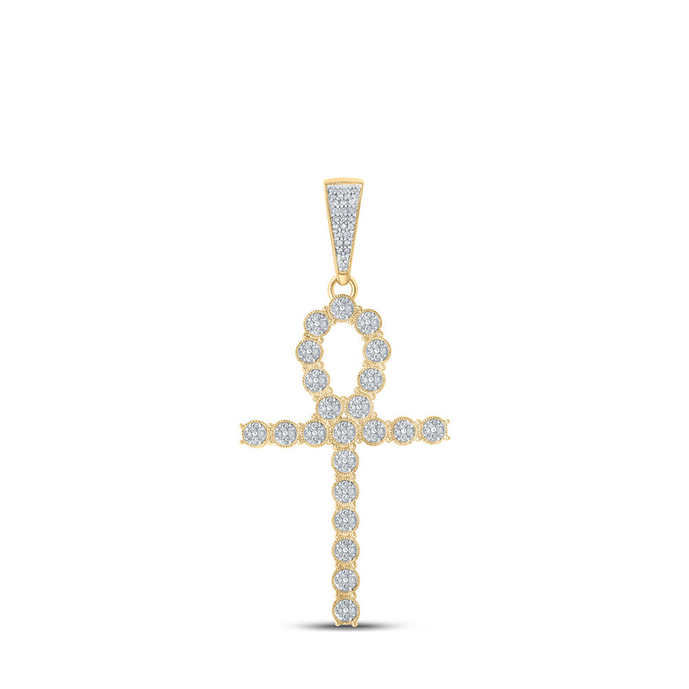 10K Yellow Gold Mens Round Diamond Ankh Cross Charm Pendant 5/8 Cttw, Length: 2.51 In, Width: 1.2 In