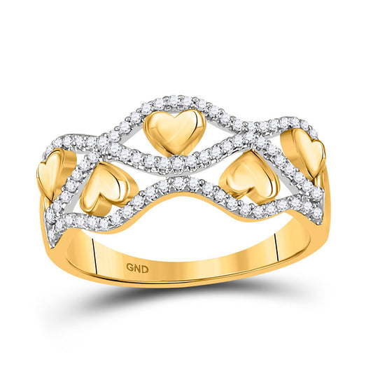 10K Yellow Gold Womens Round Diamond Heart Band Ring 1/5 Cttw, Womens Size: 5-10