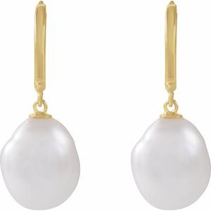 14K Yellow Gold Cultured White Freshwater Pearl Pearl 9.0-10.0 Mm Polished Cultured Keshi Freshwater Pearl Earrings