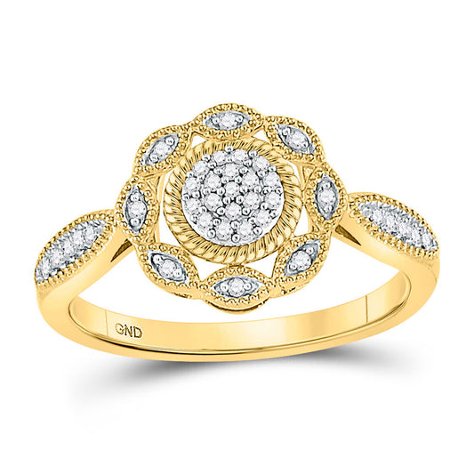 10K Yellow Gold Womens Round Diamond Milgrain Cable Cluster Ring 1/8 Cttw, Womens Size: 5-10