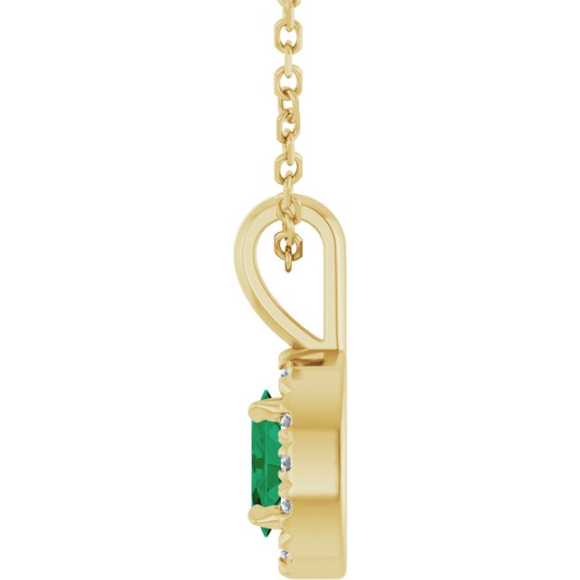 14K Yellow Gold Oval 5 X 3Mm I1, G-H 16-18 In Polished Natural Emerald And .05 Ctw Natural Diamond French-Set Halo-Style Necklace