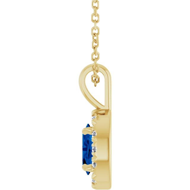 14K Yellow Gold Oval 6 X 4Mm I1, G-H 16-18 In Polished Lab-Grown Blue Sapphire And 1/10 Ctw Natural Diamond French-Set Halo-Style Necklace