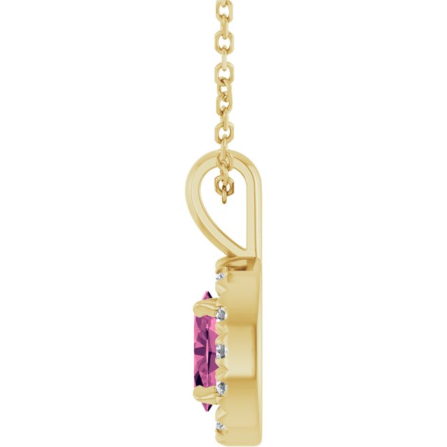 14K Yellow Gold Oval 6 X 4Mm I1, G-H 16-18 In Polished Natural Pink Tourmaline And 1/10 Ctw Natural Diamond French-Set Halo-Style Necklace