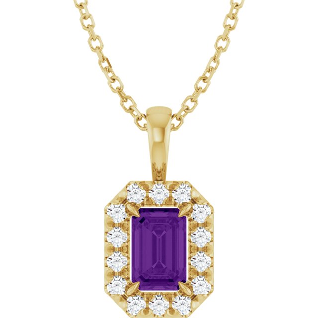 14K Yellow Gold Emerald 6 X 4Mm I1, G-H 16-18 In Polished Natural Amethyst And 1/5 Ctw Natural Diamond French-Set Halo-Style Necklace