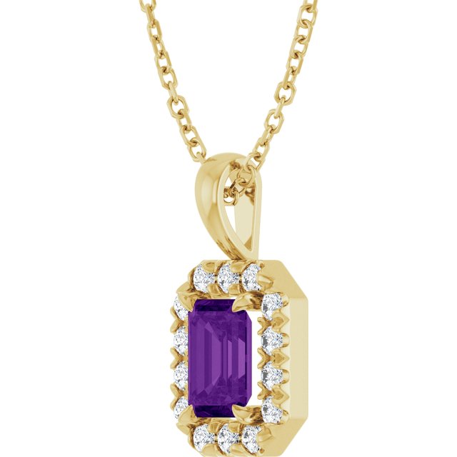 14K Yellow Gold Emerald 6 X 4Mm I1, G-H 16-18 In Polished Natural Amethyst And 1/5 Ctw Natural Diamond French-Set Halo-Style Necklace
