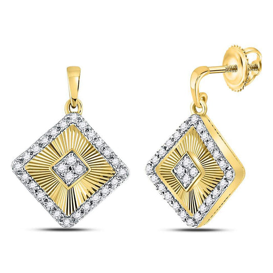 10K Yellow Gold Womens Round Diamond Diagonal Square Dangle Earrings 1/5 Cttw