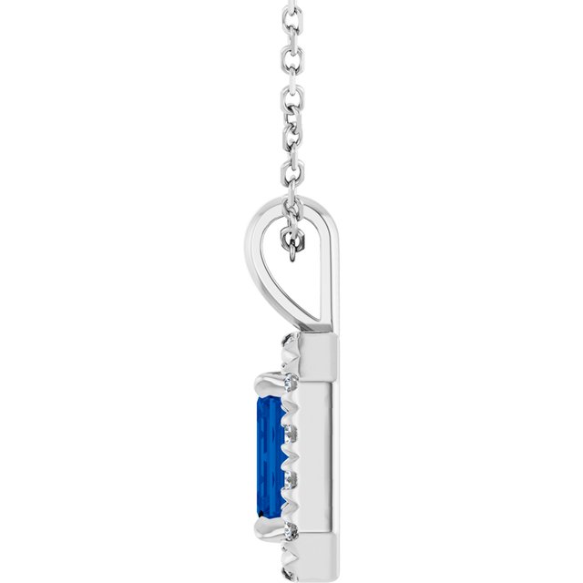14K White Gold Emerald 6 X 4Mm I1, G-H 16-18 In Polished Natural Blue Sapphire And 1/5 Ctw Natural Diamond French-Set Halo-Style Necklace