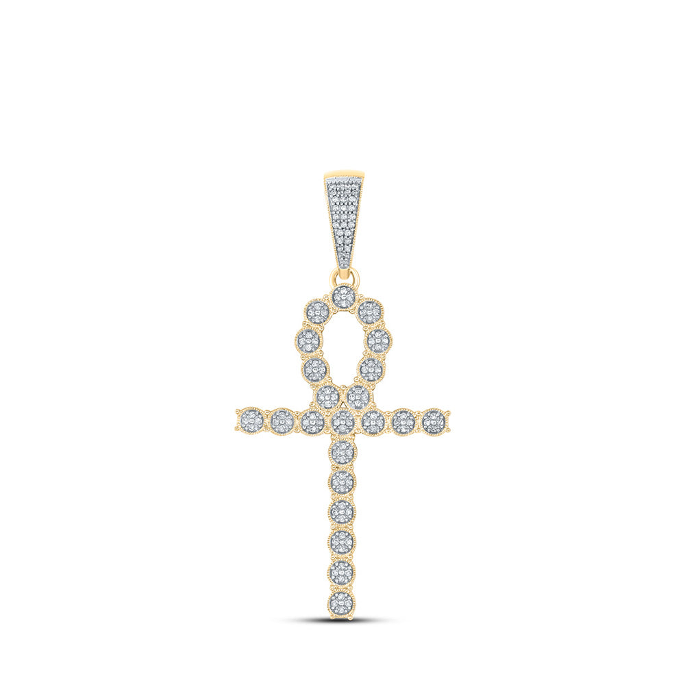 10K Yellow Gold Mens Round Diamond Ankh Cross Charm Pendant 1/3 Cttw