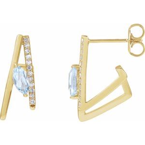 14K Yellow Gold Marquise 6 X 3 Mm Natural Sky Blue Topaz And 1/8 Ctw Natural Diamond Earrings